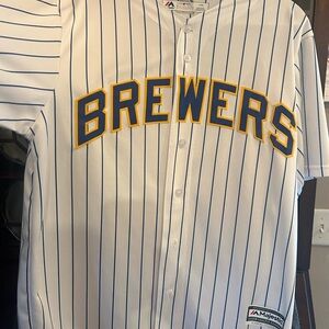 Majestic Brewers White and Blue Pinstripe Jersey